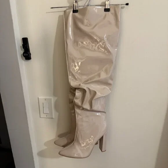 PrettyLittleThing Cream Vinyl Over-the-Knee Block Heel Boots - Picture 3 of 4